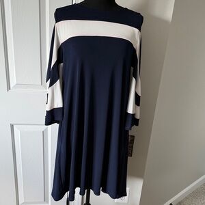 Elegant Navy and White Women's Dress with a hint of Pink and cut out shoulders